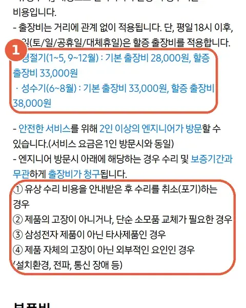 삼성전자서비스 요금안내 출장비 섹션. 평절기·성수기 기본/할증 출장비와 보증기간과 무관하게 출장비가 청구되는 경우 ①~④에 표시