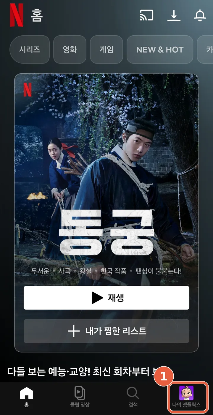 넷플릭스 앱 홈 화면. 하단 탭 오른쪽 끝 '나의 넷플릭스'에 표시