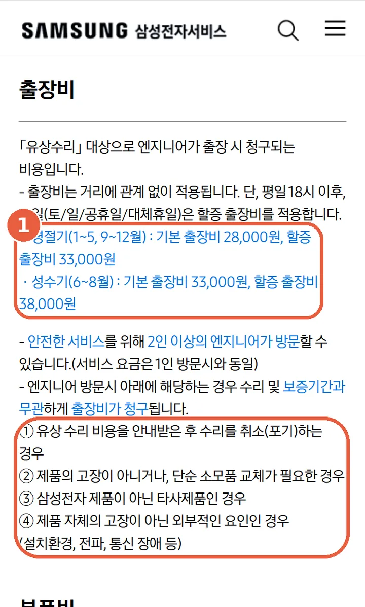 삼성전자서비스 요금안내 출장비 섹션. 평절기·성수기 기본/할증 출장비와 보증기간과 무관하게 출장비가 청구되는 경우 ①~④에 표시